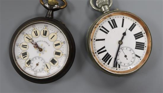 A gun metal Regulateur keyless pocket watch with Roman dial and one other nickel cased pocket watch.